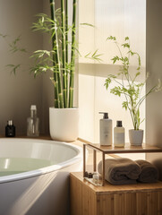 Fototapeta na wymiar Feng Shui bathroom, minimalistic, earth tones, bamboo elements, well - arranged toiletries, natural light filtered through frosted glass, ambient spa - like lighting
