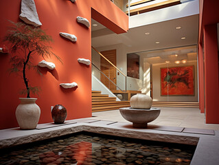 Feng Shui entryway, harmonious flow, small water feature, vibrant art, balance of five elements, clean lines, welcoming energy - obrazy, fototapety, plakaty