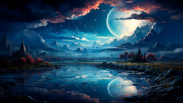 fantasy landscape with a beautiful lake and a moon, illustration