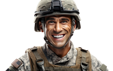 Realistic Closeup of a Smiling Army Man on a Clear Surface or PNG Transparent Background.