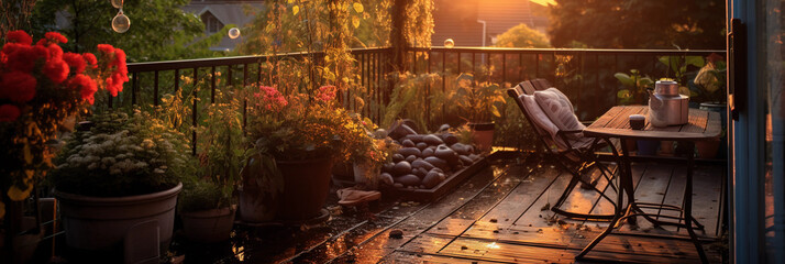 Feng Shui outdoor balcony, small space, wooden deck, tiny garden, metal furniture, tranquil atmosphere, small water feature