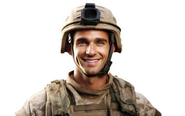 Realistic Closeup of a Proud Army Man on a Clear Surface or PNG Transparent Background.