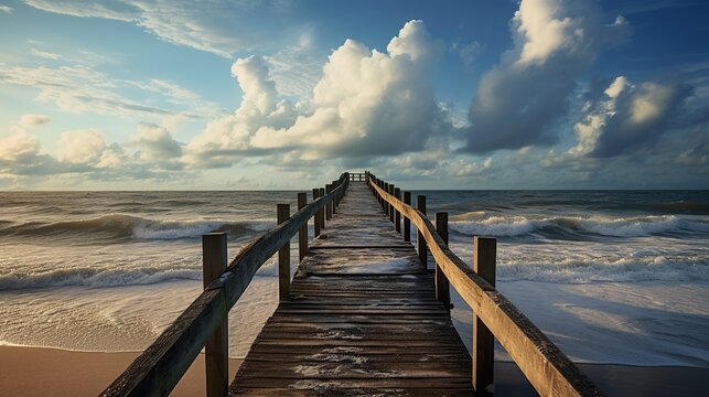 Landscape tropical sea with wooden dock bridge view on sunset. AI generated image