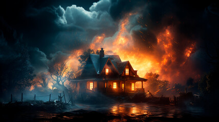 house with burning fire in the forest. halloween background. horror art.