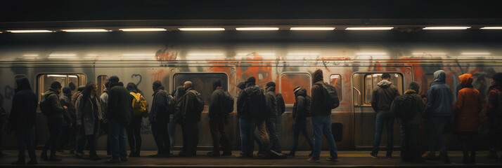 New York subway station, people waiting, diverse crowd, graffiti on walls, dim, moody lighting,...