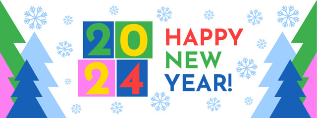 Creative concept of 2024 Happy New Year background. Colorful design, trendy style. 2024 calendar.