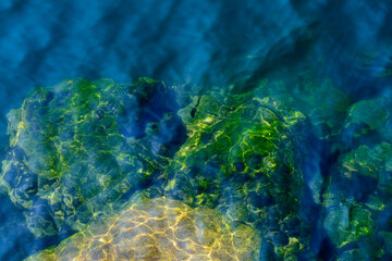 Steine und Felsen unter Wasser mit Algen oder Moos bedeckt. Natürlich reflektiertes Sonnenlicht.