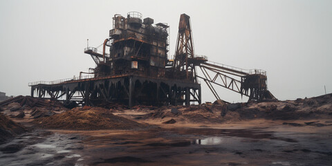 abandoned oil rig, rusty equipment, overcast sky, moody atmosphere
