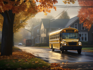 Obraz premium yellow school bus on a suburban American street, autumn leaves, children waiting, morning mist, soft light