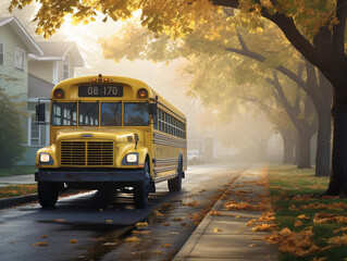 Obraz premium yellow school bus on a suburban American street, autumn leaves, children waiting, morning mist, soft light