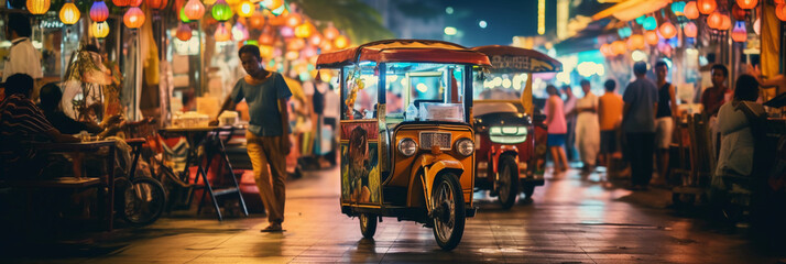 tuk - tuk in Bangkok, vibrant street life, food stalls, and neon signs, chaotic traffic, twilight
