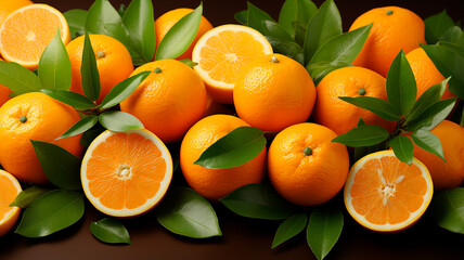 fresh oranges and green leaves on black background.