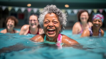 seniors doing water exercises, Group of elder women at aqua gym session, joyful group of friends having aqua class in swimming pool. - obrazy, fototapety, plakaty