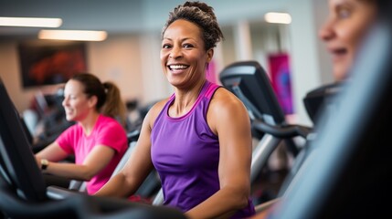 Fototapeta premium Group of women of different ages and races during cycling workout. Group fitness classes on exercise bikes. Workouts for any age. Be healthy in any age. Photo against a bright, gym studio background. 