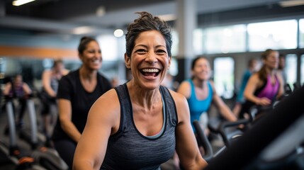 Fototapeta na wymiar Group of women of different ages and races during cycling workout. Group fitness classes on exercise bikes. Workouts for any age. Be healthy in any age. Photo against a bright, gym studio background. 