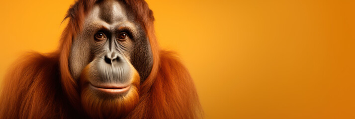 Cute orangutan on orange background, wide horizontal panoramic banner with copy space, or web site header with empty area for text.
