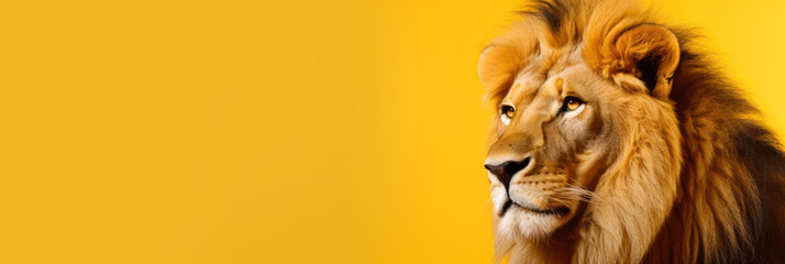 Beautiful majestic lion on yellow background, wide horizontal panoramic banner with copy space, or web site header with empty area for text.