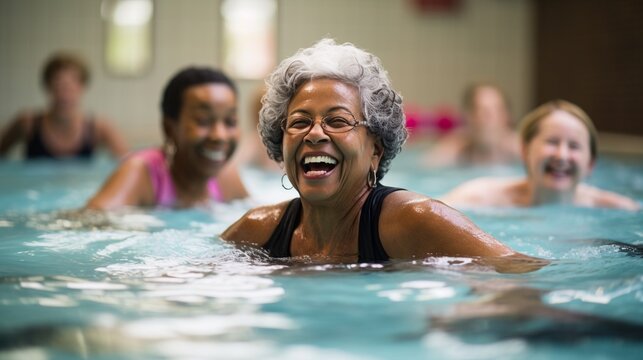seniors doing water exercises, Group of elder women at aqua gym session, joyful group of friends having aqua class in swimming pool.