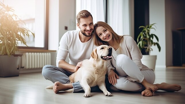 Young family embracing a funny dog. AI generated image