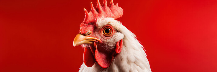 Cute hen portrait on red background, wide horizontal panoramic banner with copy space, or web site header with empty area for text.