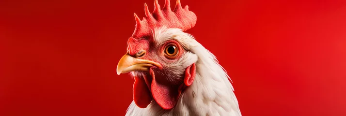 Foto auf Alu-Dibond Cute hen portrait on red background, wide horizontal panoramic banner with copy space, or web site header with empty area for text. © Sunny_nsk