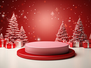 Christmas background with red podium and gift boxes. 3d rendering. Generative AI.