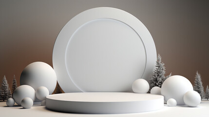 Winter scene with white podium and round arch. 3D rendering. Mockup of Christmas winter scene. Generative AI.