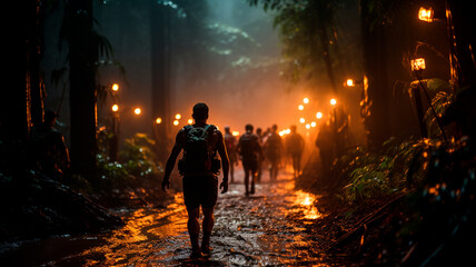 silhouette of two men and women with a backpack walking in forest - Powered by Adobe