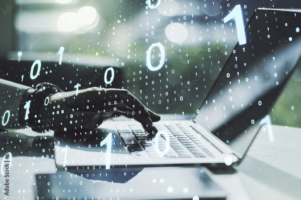 Fototapete double exposure of creative abstract binary code hologram and hands typing on laptop on background. 