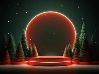 Fotobehang Podium for show product with Christmas tree and moon. 3d illustration. Mockup of Christmas winter scene. Generative AI. © k_e_n