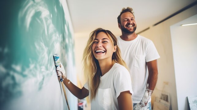 Young Family happy after painting wall house. AI generated image