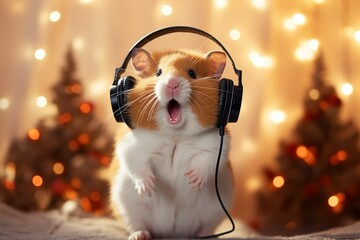 A charming, funny hamster with headphones sings on a Christmas, festive background. Portrait. Close-up. Humor, a joke. - obrazy, fototapety, plakaty