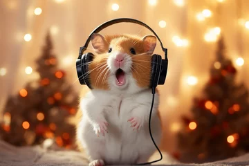 Fotobehang A charming, funny hamster with headphones sings on a Christmas, festive background. Portrait. Close-up. Humor, a joke. © BetterPhoto