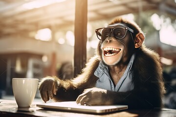A laughing chimpanzee with glasses is sitting at a table with a laptop and a cup indoors. Humor, joke - obrazy, fototapety, plakaty