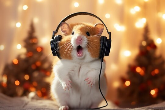 A charming, funny hamster with headphones sings on a Christmas, festive background. Portrait. Close-up. Humor, a joke.