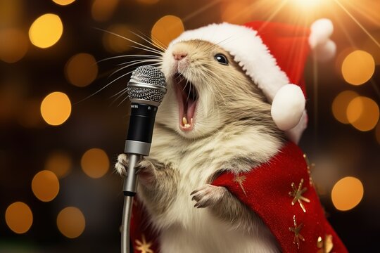 A small animal in Santa Claus clothes sings into a microphone on a Christmas, festive background.