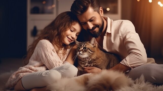 Young family embracing a funny cat. AI generated image