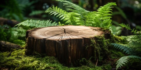 Wooden desk or stump in green forest background,For product display. - obrazy, fototapety, plakaty