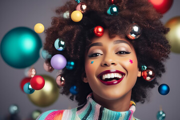 Fototapeta na wymiar Beautiful woman fashion model with creative Christmas balls hairstyle promoting christmas winter seasonal low prices