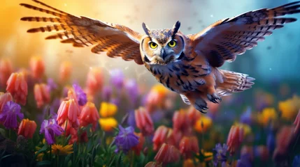 Gordijnen Beautiful flying owl on spring field full of bright wild flowers. Forest bird portrait. Splash screen or sketchbook cover template. Outdoor background. © Sunny_nsk
