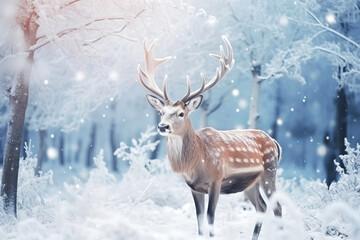 Naklejka na ściany i meble Christmas greeting card with beautiful deer in magical snowy forest