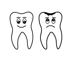 Happy healthy tooth and sad tooth with caries. Doodle sketch style. Mouth cleaning, healthcare oral hygiene concept. Isolated vector illustration for dental clinic services, stomatology, dentistry. 