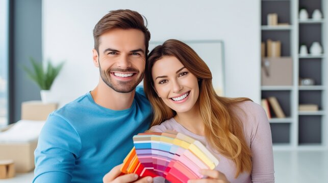 Young couple choosing color theme with paper palette color for their house.AI generated image