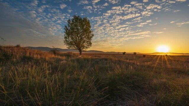 Timelapse de amanecer con nubes y &aacute;rbol verde