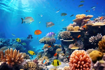 Draagtas Underwater with colorful sea life fishes and plant at seabed background, Colorful Coral reef landscape in the deep of ocean. Marine life concept, Underwater world scene. © TANATPON