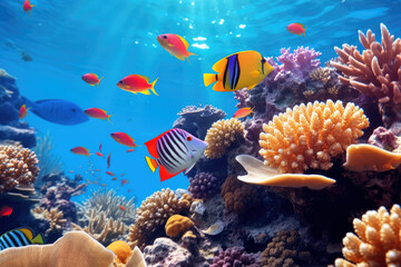 Naklejka na ściany i meble Underwater with colorful sea life fishes and plant at seabed background, Colorful Coral reef landscape in the deep of ocean. Marine life concept, Underwater world scene.