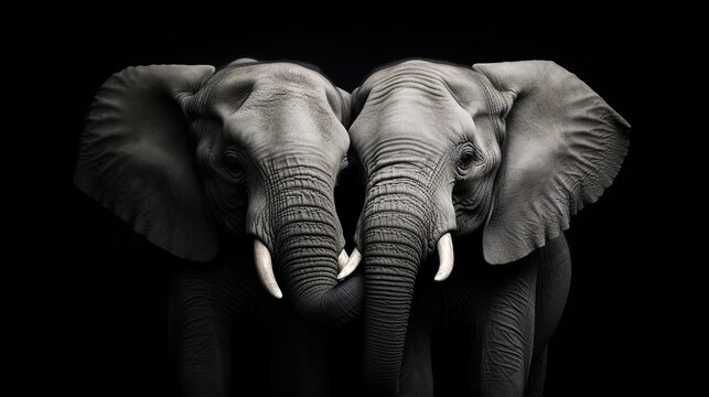 Elephants showing affection in each other dark background. AI generated image