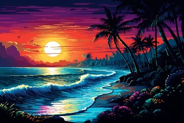 Fototapeta na wymiar Sunset Over The Shore: Digital Seascape Beauty