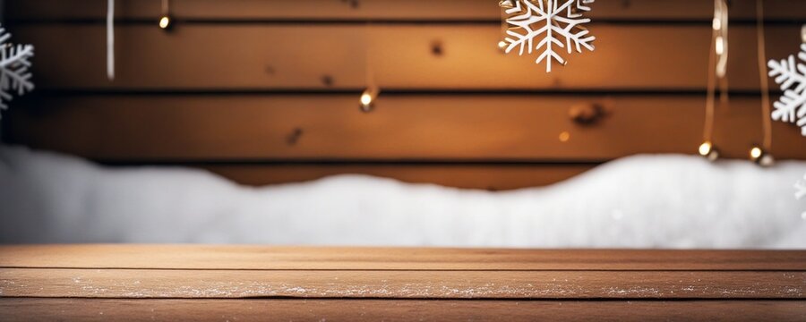 Wooden Tabletop with Warm Festive Living Room Decor, Blurred Christmas Tree Lights and Snow Background, Holiday Display Mockup