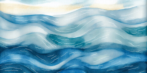 Ocean water wave abstract seascape illustration.Blue, teal happy cartoon sunny ocean waves, tropical beach vacation travel backdrop. Web mobile wavy background texture wave.